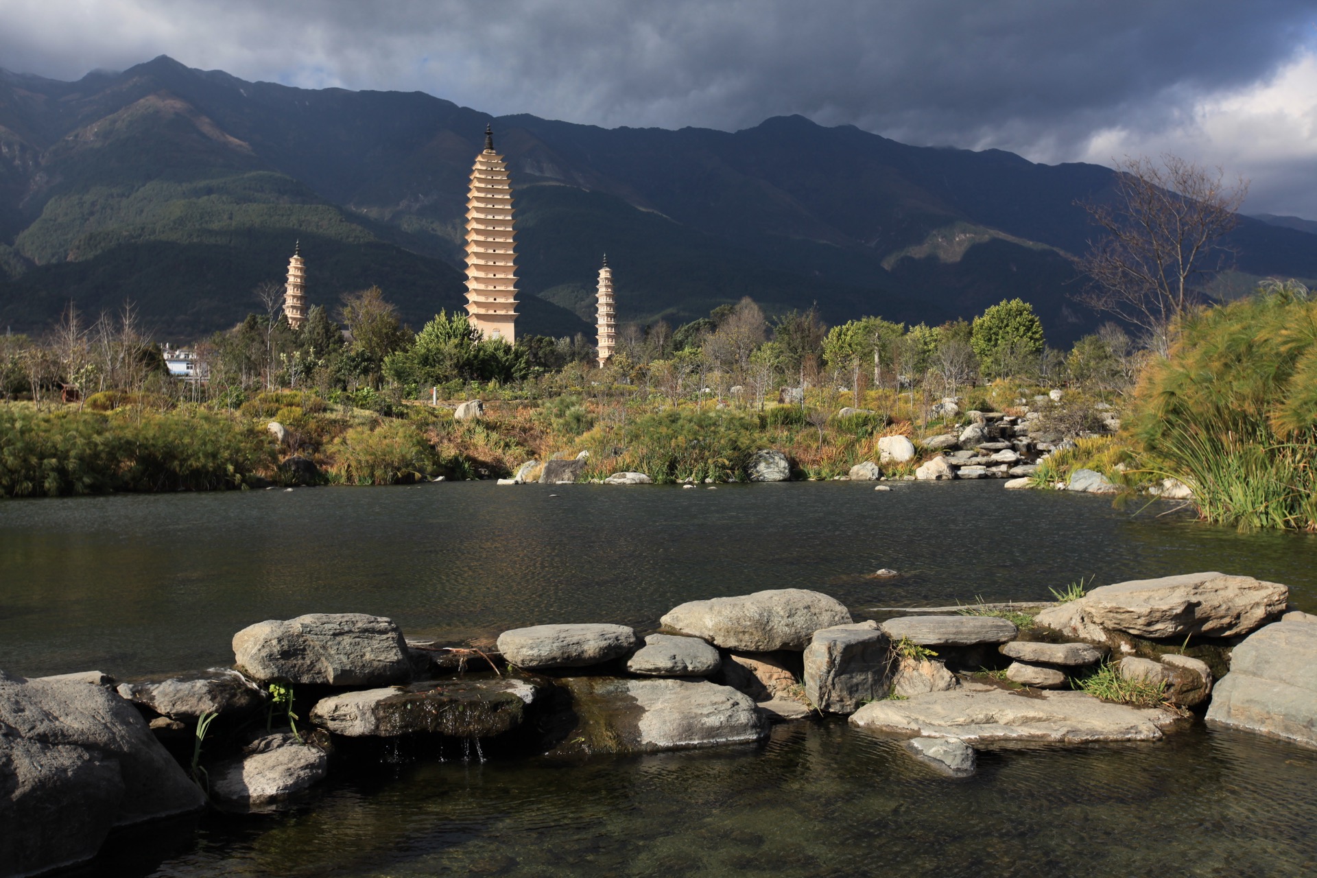 The Three Pagodas of Chongsheng Temple beneath the Cangshan mountains, Dali